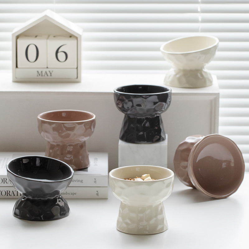 Glossy Textured Raised Ceramic Cat Bowl – Flat Rim