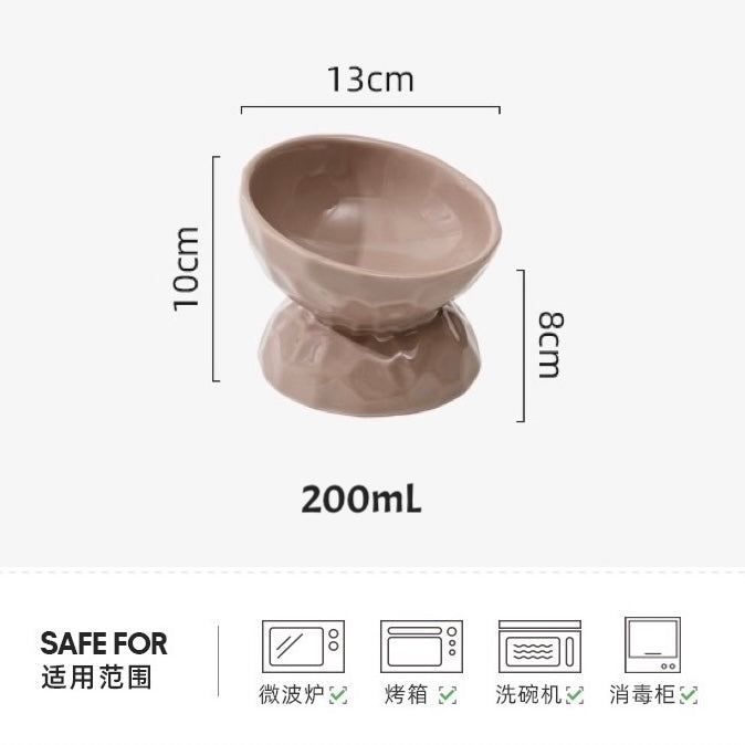Glossy Textured Raised Ceramic Cat Bowl – Angled Rim