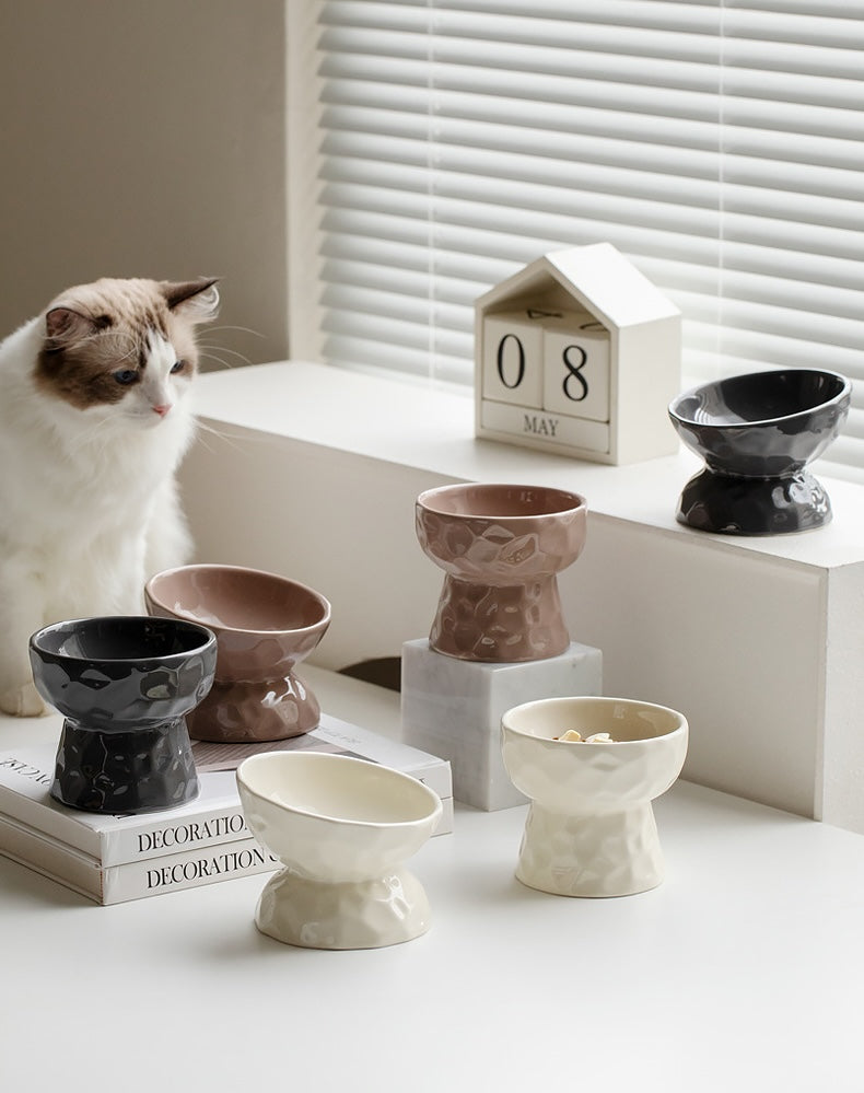 Glossy Textured Raised Ceramic Cat Bowl – Angled Rim