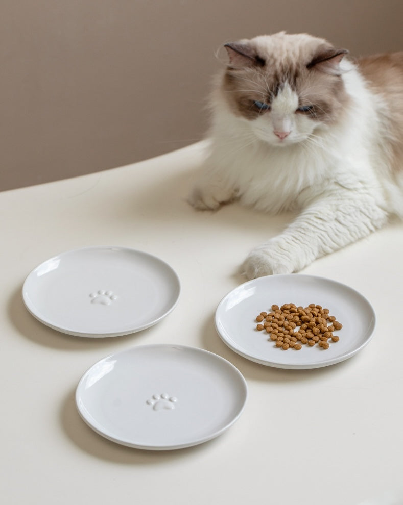 Premium Ceramic Cat Bowl with Anti-Slip Silicone Base | Paw Print Design