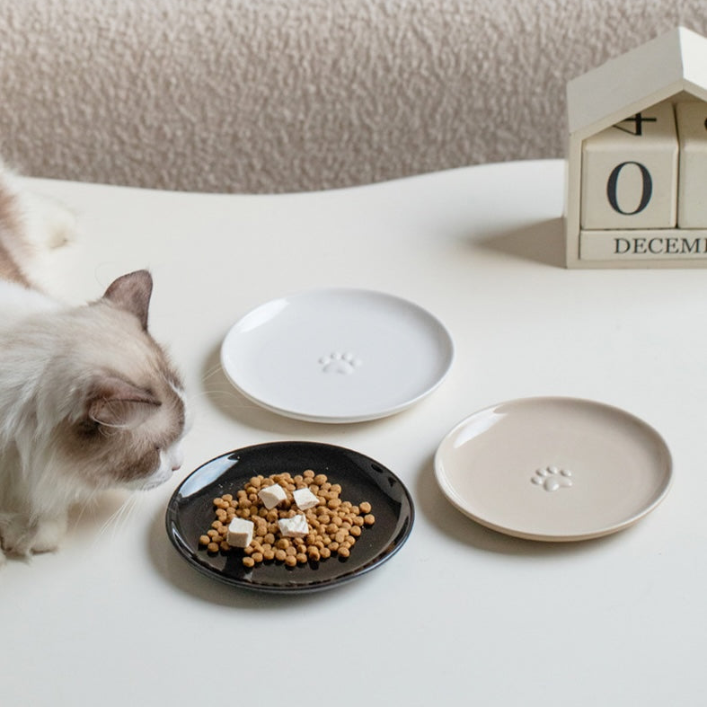 Premium Ceramic Cat Bowl with Anti-Slip Silicone Base | Paw Print Design