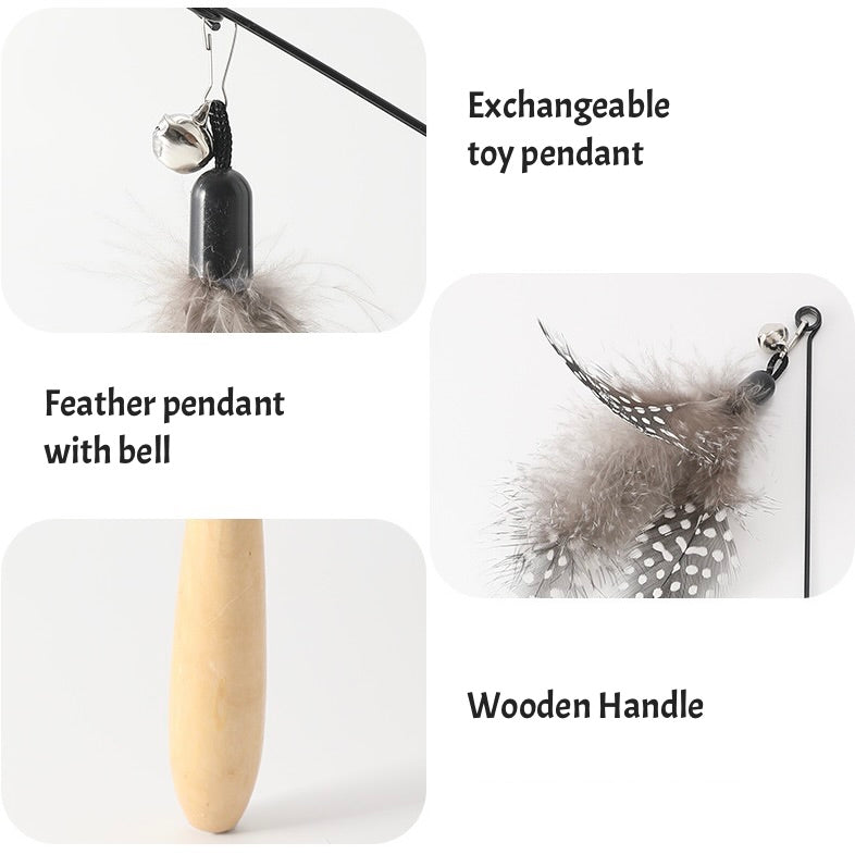 Feather Teaser Wand Cat Toy with Wooden Handle